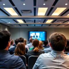 Group of people attending educational seminar focused on speaker presenting digital content on screen