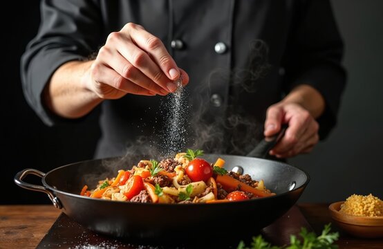 Chef adds salt pan with prepared dish. Fresh vegetables cherry tomatoes, herbs, pasta dish, hot steam. Professional cooking, gourmet cuisine, hotel food service.