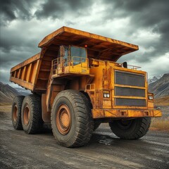 Obraz premium A massive yellow dump truck sits under a stormy sky
