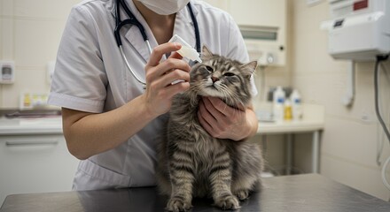 Veterinarian Administering Eye Drops to a Grey Tabby Cat