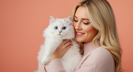 Blonde Woman Holding Fluffy White Cat with Blue Eyes Against Coral Background