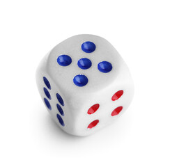 Dice with red and blue pips on white background