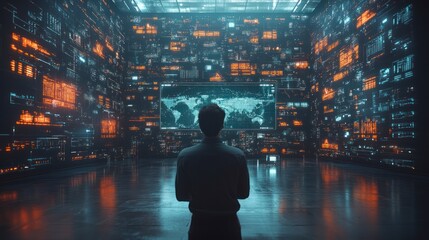 Fototapeta premium Surrounded by Data: A Man Contemplates Global Information