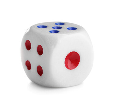 Dice with red and blue pips on white background