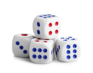 Dices with red and blue pips on white background
