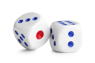 Dices with red and blue pips on white background