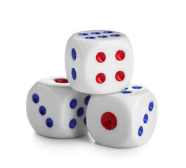Dices with red and blue pips on white background