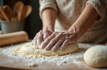 Fototapeta premium Elderly woman hands covered flour kneading dough. Preparing homemade pastry, bread on wooden kitchen table. Close-up of cook preparing pizza, food. Culinary, family, traditional cookery.