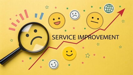 A colorful graphic illustrating service improvement, featuring various smiley faces and a magnifying glass over a rising graph.