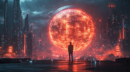 Futuristic Cityscape with Glowing Orb and Silhouetted Figure
