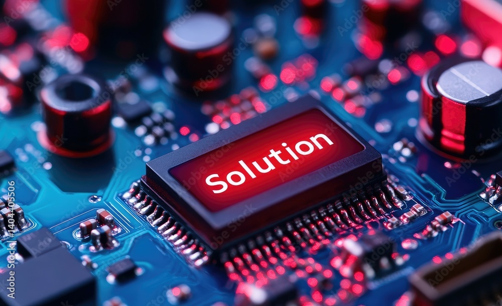 Poster close up of circuit board displaying red solution text technological innovation concept