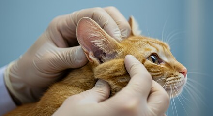 Veterinarian Examining Orange Tabby Cat's Ear with Powdery Substance