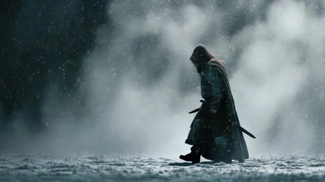 Viking Warrior in Black Cloak Walking Through Snow