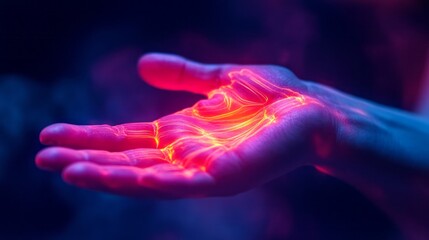 Obraz premium Hand glows with red and yellow light in the dark