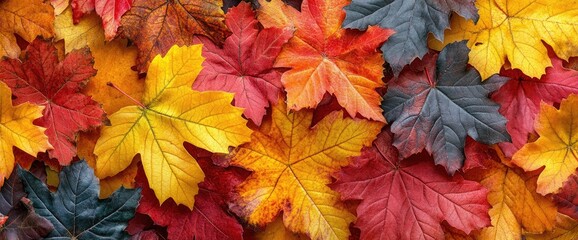 Colorful autumn leaves with yellow, red, orange, and gray tones, in a detailed and vibrant natural scene