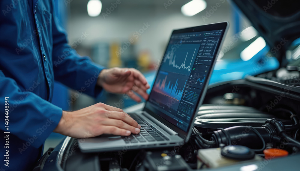 Poster mechanic conducts computer diagnostics of car engine in workshop. engineer with laptop performs car 