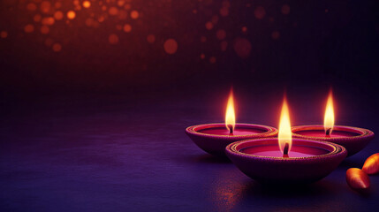 Luminous Diwali Diyas Three Burning Clay Lamps on Purple Background