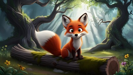 Cartoon illustration of a fox standing on a fallen tree in a forest