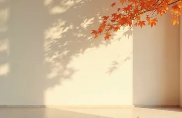 Gardinen Minimalist cream color autumn scene. Shadows of maple tree leaves fall on a wall, tree branches with orange leaves in the corner. Light, shadow, fall season background. © miss irine