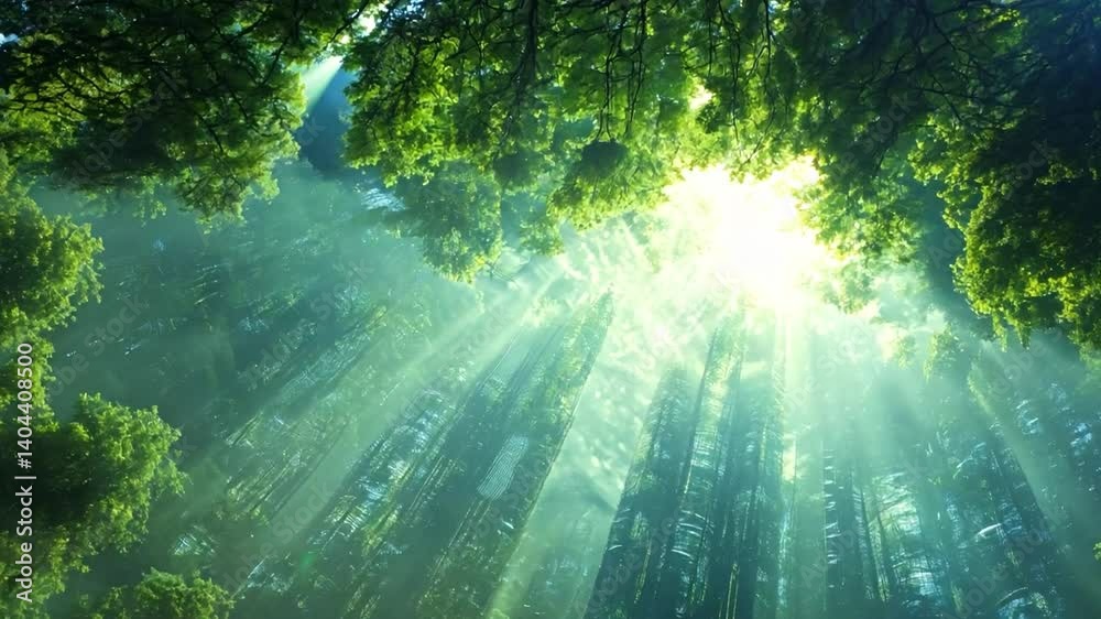 Leinwandbilder Sunlight filters through the canopy of tall trees in a lively forest, illuminating the surroundings and creating a serene and enchanting environment.