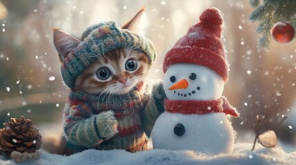 A heartwarming winter scene featuring a cat in a sweater and a snowman.