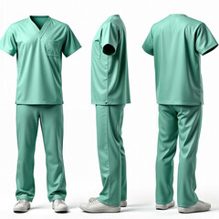 Mint green medical scrubs displayed front side and back views. Comfortable outfits essential healthcare workers hospital clinics. Uniforms are used by doctors nurses and other medical staff daily.