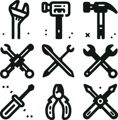Black and white illustration of various hand tools including wrenches, hammers, screwdrivers, and pliers, arranged in a grid pattern.