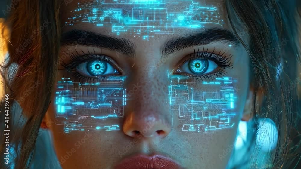 Poster a young woman stands in a sci-fi environment where her face displays intricate holographic technolog