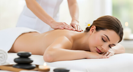 Obraz premium Woman Receiving Hot Stone Back Massage at Spa with Relaxing Atmosphere and Subtle Lighting