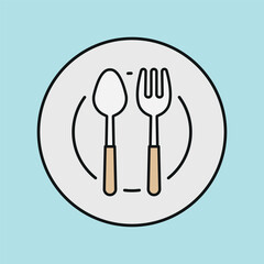 Spoon, fork, and plate icon symbolizes mealtime essentials, table setting, and everyday dining moments.