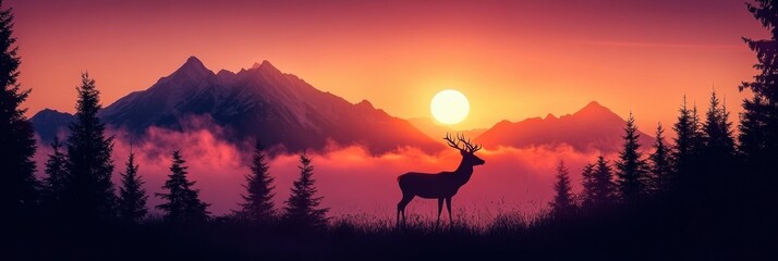 Obraz premium Creative sunrise behind silhouettes of forest deer and majestic high peaks at dawn in the wilderness