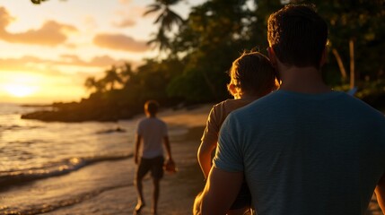 Fototapeta premium Sunset Beach Family Vacation with Tropical Paradise.