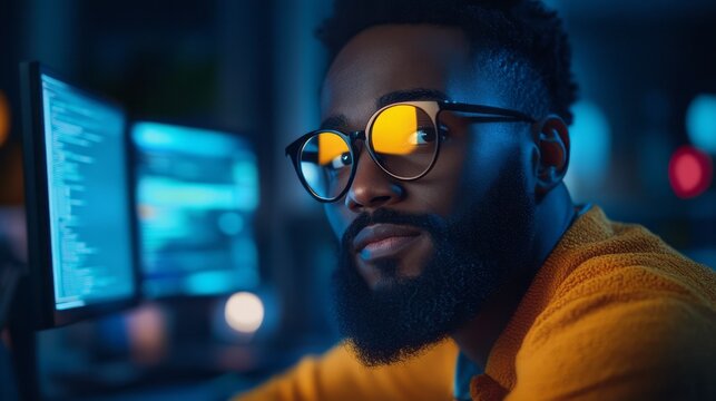 Man wearing glasses looking at computer screen programming code - Powered by Adobe