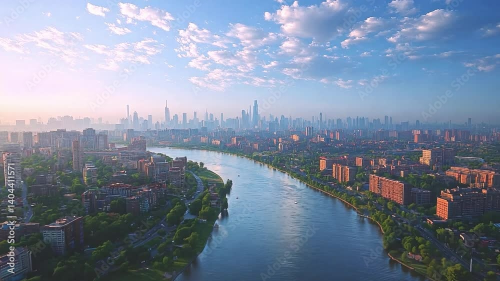 Poster the view captures a sprawling skyline at dusk, with a winding river reflecting the soft hues of twil