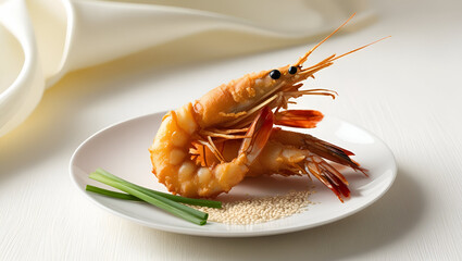 Plate of fried tempura prawns delicious crispy coating white background food vector