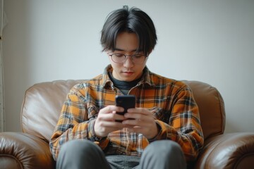 Young man is using a mobile phone on armchair