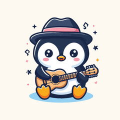 cute logo penguin with guitar design cartoon vector