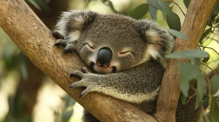 Obraz premium A sleepy koala bear comfortably resting on a tree branch