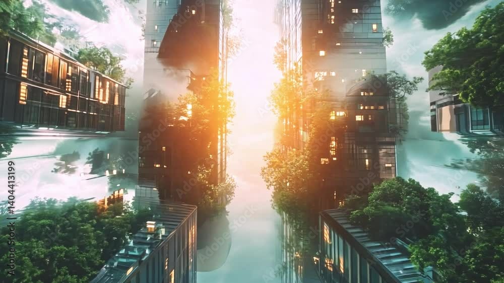 Aufkleber Bright sunlight filters through towering buildings, creating a mesmerizing contrast as trees intertwine with the urban structure in a magical setting.