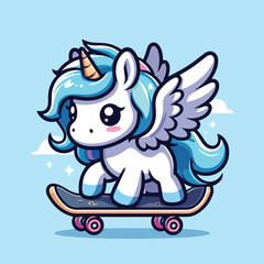 cute unicorn playing skateboard logo design cartoon vector illustration