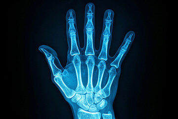 Human Hand X-Ray: A detailed X-ray image of a human hand revealing the intricate network of bones and joints, showcasing the complexity of the human body.