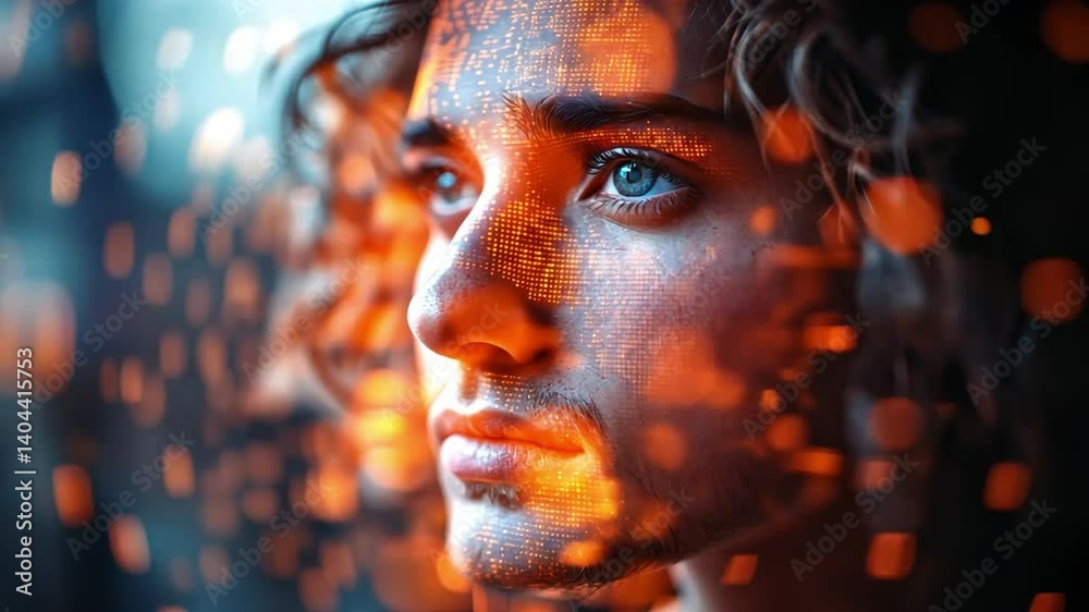 Poster a young man with curly hair looks intently into the distance, his face illuminated by vibrant, glowi