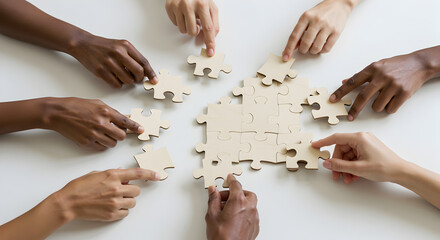 Diverse Hands Assembling Jigsaw Puzzle Pieces On White Surface In Strategic Teamwork And Problem Solving Concept