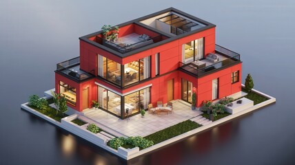 A modern, two-story red house with spacious balconies, surrounded by greenery, showcasing contemporary architecture and stylish outdoor living areas.