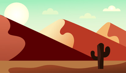 Fototapeta premium Desert landscape cartoon illustration, cactus tree in sand dunes.