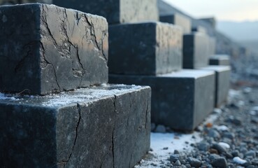 Granite blocks extracted quarry. Rough stone texture, construction material. Dark grey granite stone with snow. Building industry, quarrying, mining, earth surface concept.