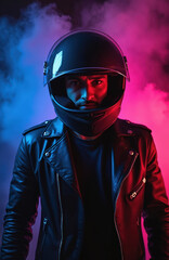 Man in motorcycle helmet, leather jacket against neon lights, smoke background. Stylish biker, futuristic cyberpunk aesthetics. Portrait, intense look, urban night vibe, high contrast lighting,