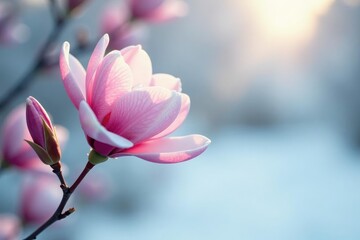 Fototapeta premium A single magnolia bloom against a snowy backdrop, floral, white