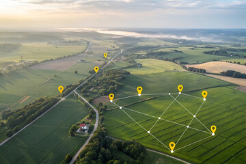 A sprawling farmland network connected by precision agriculture technology, showcasing a vibrant green landscape at sunrise, with a detailed aerial view.
