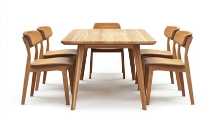 A light oak dining table set with six chairs.
